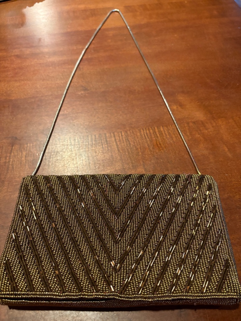 Vintage Beaded Chevron Evening Clutch in Bronze - Made in Hong Kong